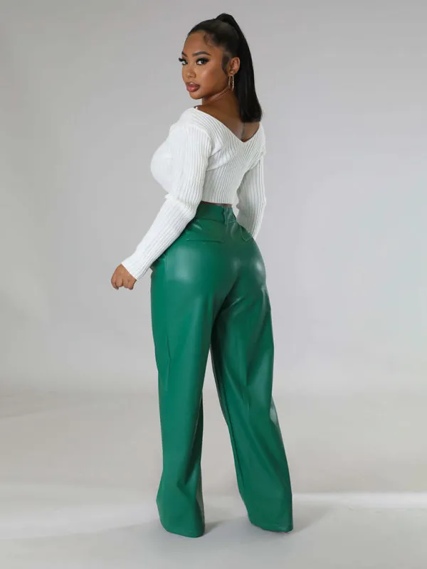 PU women's loose wide-leg pocket casual leather pants