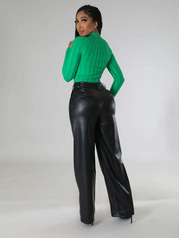 PU women's loose wide-leg pocket casual leather pants