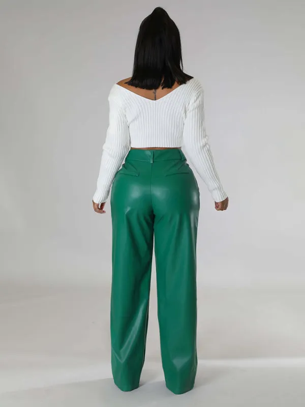 PU women's loose wide-leg pocket casual leather pants