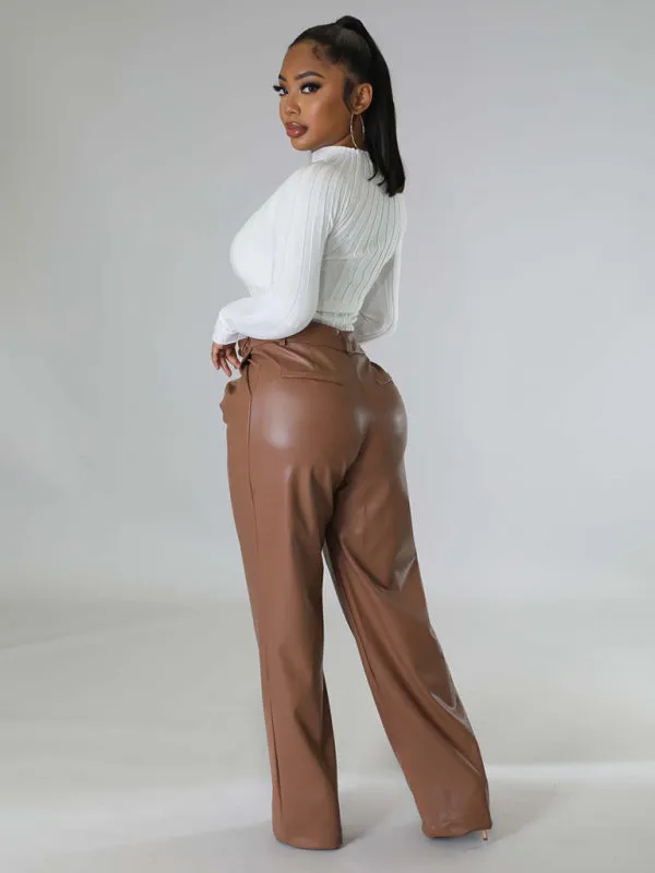 PU women's loose wide-leg pocket casual leather pants
