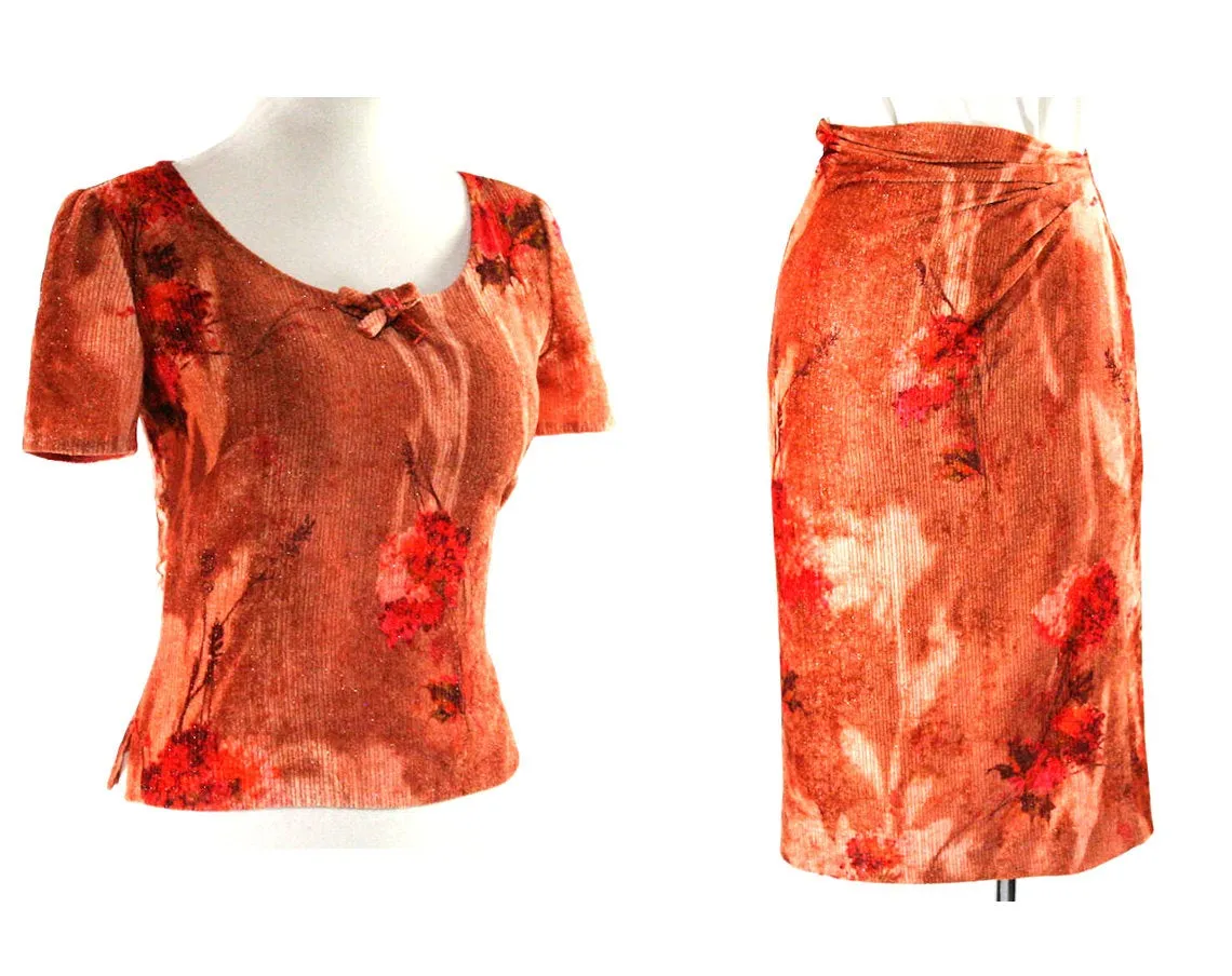 Size 2 Designer Dress Set - Emanuel Ungaro Paris - Fawn Fuchsia & Burnt Orange Floral Velvet - Spring Summer 1990s - Short Sleeve - Bust 33