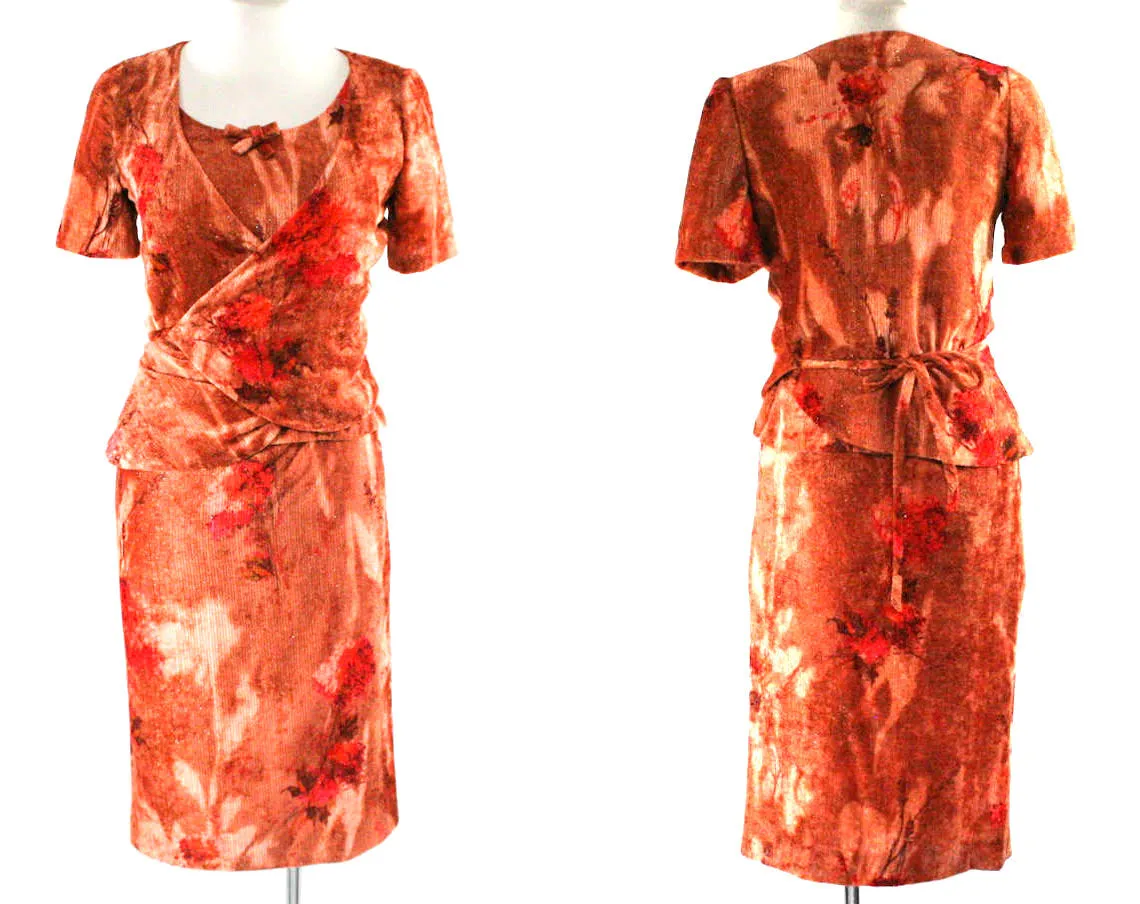 Size 2 Designer Dress Set - Emanuel Ungaro Paris - Fawn Fuchsia & Burnt Orange Floral Velvet - Spring Summer 1990s - Short Sleeve - Bust 33