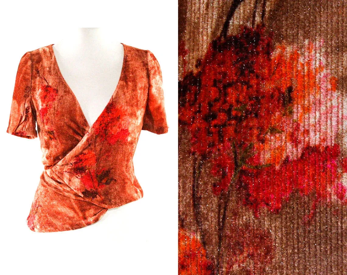 Size 2 Designer Dress Set - Emanuel Ungaro Paris - Fawn Fuchsia & Burnt Orange Floral Velvet - Spring Summer 1990s - Short Sleeve - Bust 33