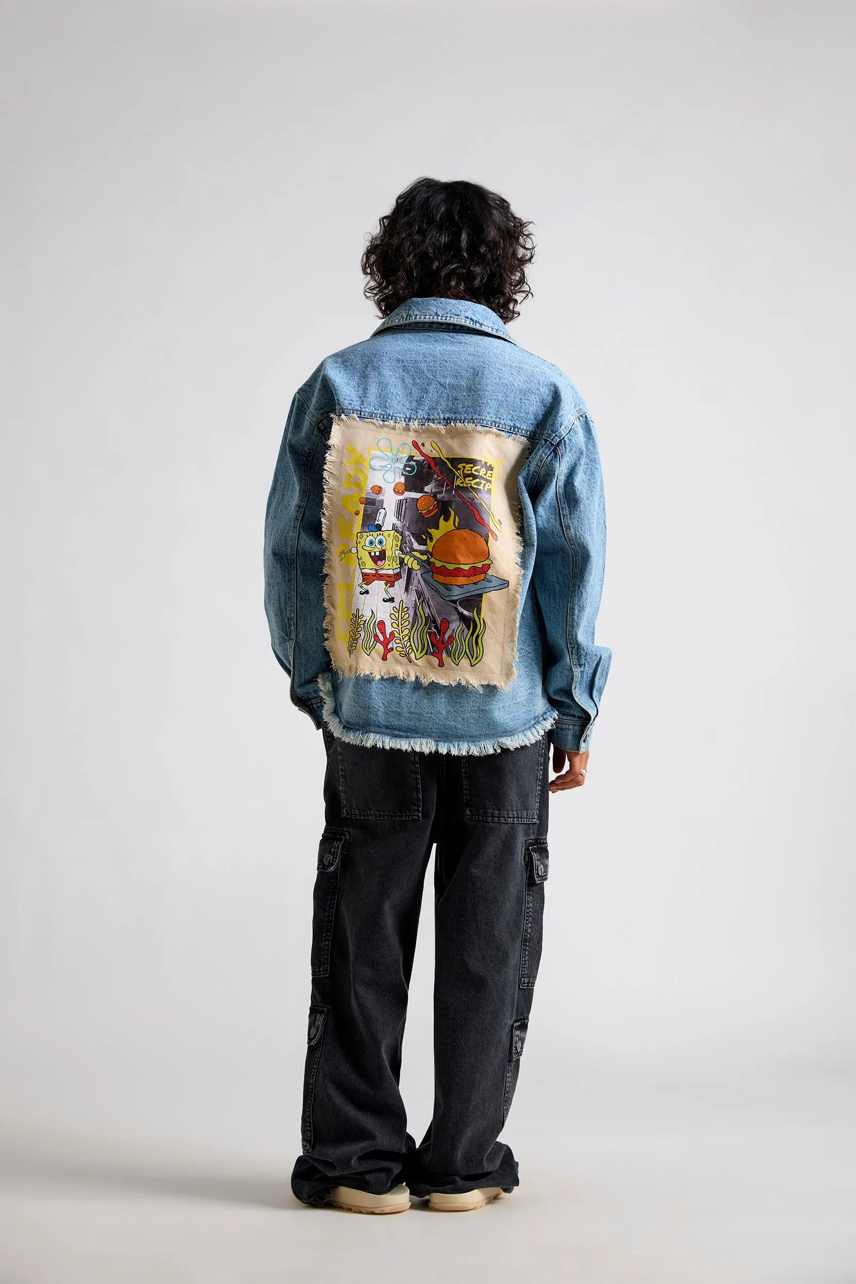 Spongebob:The Secret Recipe Printed Canvas Men's Oversized Denim Jacket
