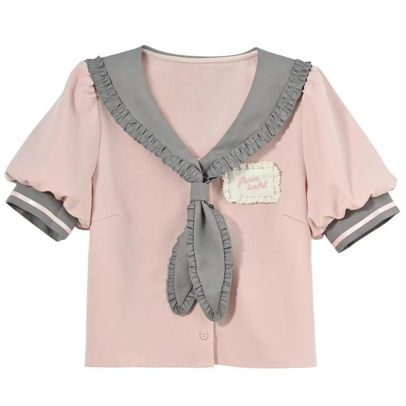 Summer Sweet Girl Style Pink Doll Collar Short-Sleeved Blouse