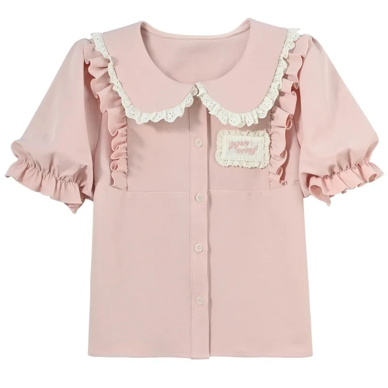 Summer Sweet Girl Style Pink Doll Collar Short-Sleeved Blouse