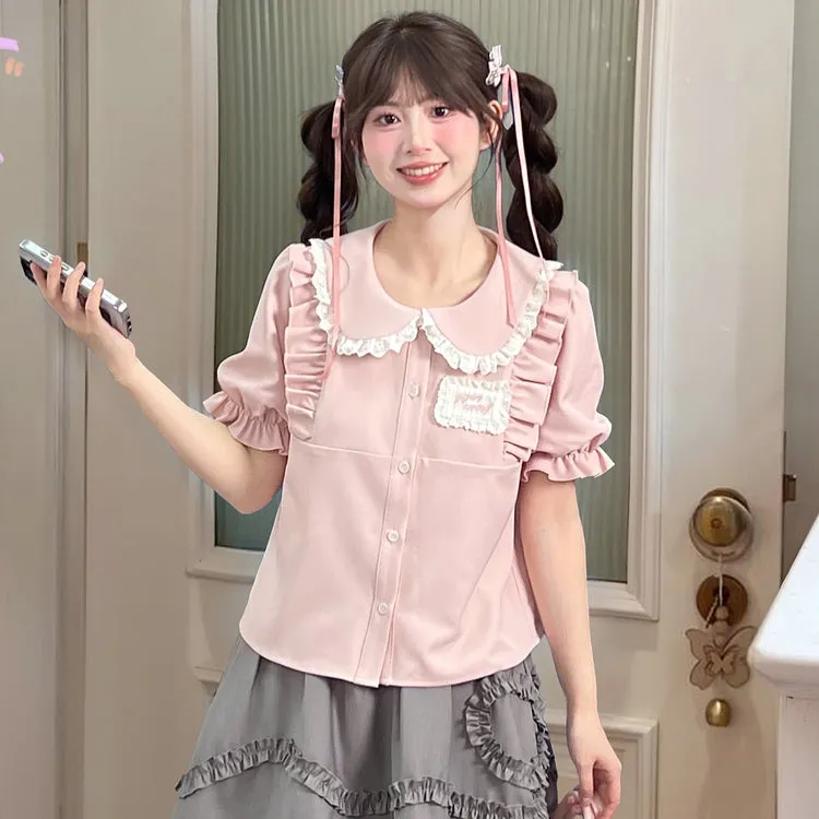 Summer Sweet Girl Style Pink Doll Collar Short-Sleeved Blouse