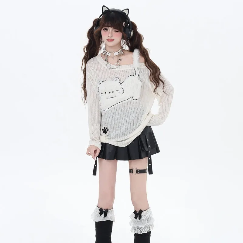 Sweet Girl Style Kitten Embroidery Irregular Off-Shoulder T-shirt
