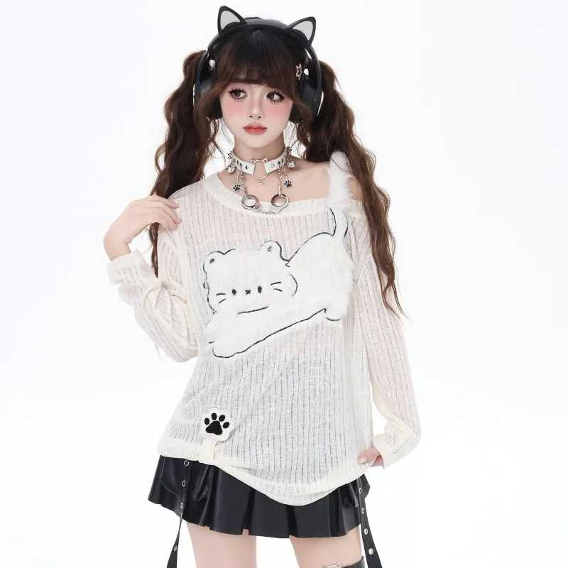 Sweet Girl Style Kitten Embroidery Irregular Off-Shoulder T-shirt