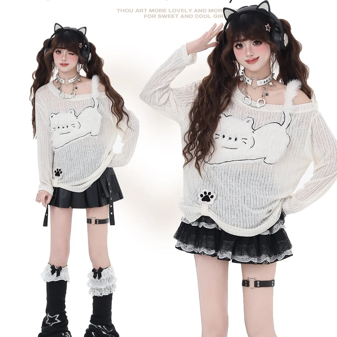 Sweet Girl Style Kitten Embroidery Irregular Off-Shoulder T-shirt
