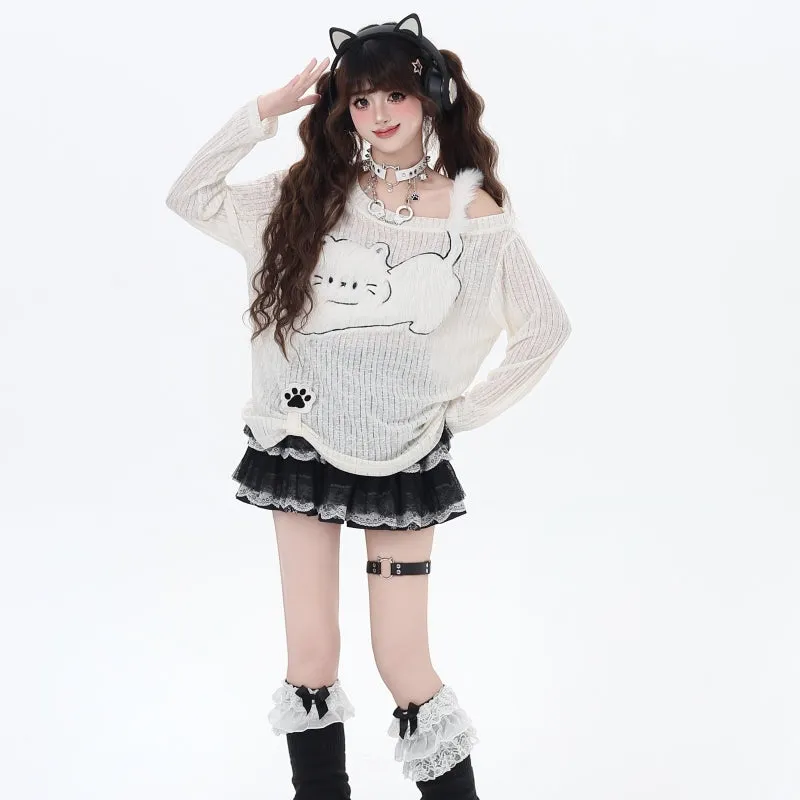 Sweet Girl Style Kitten Embroidery Irregular Off-Shoulder T-shirt
