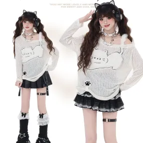 Sweet Girl Style Kitten Embroidery Irregular Off-Shoulder T-shirt