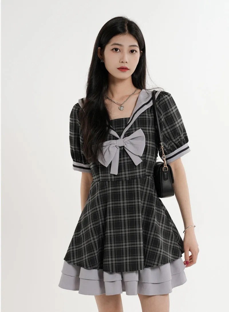 Sweet Preppy Puff Sleeve Dress