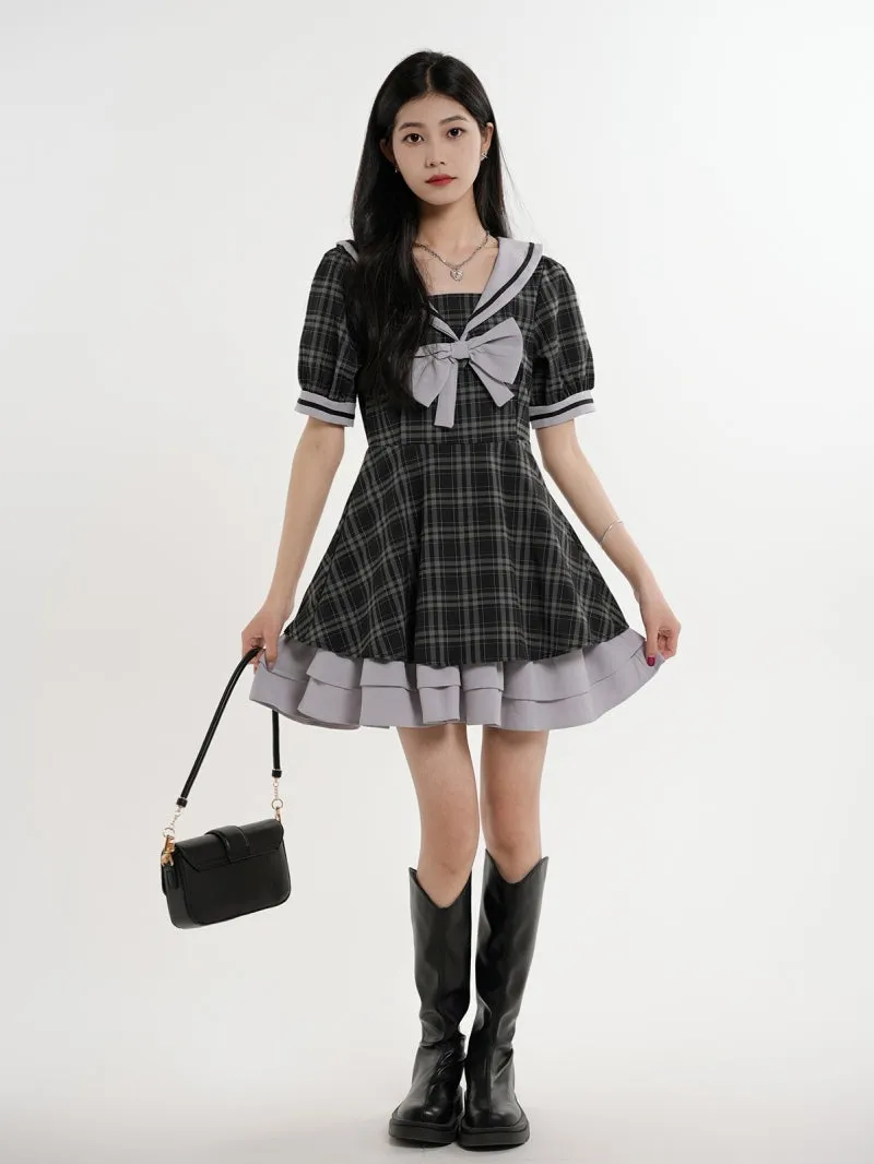 Sweet Preppy Puff Sleeve Dress