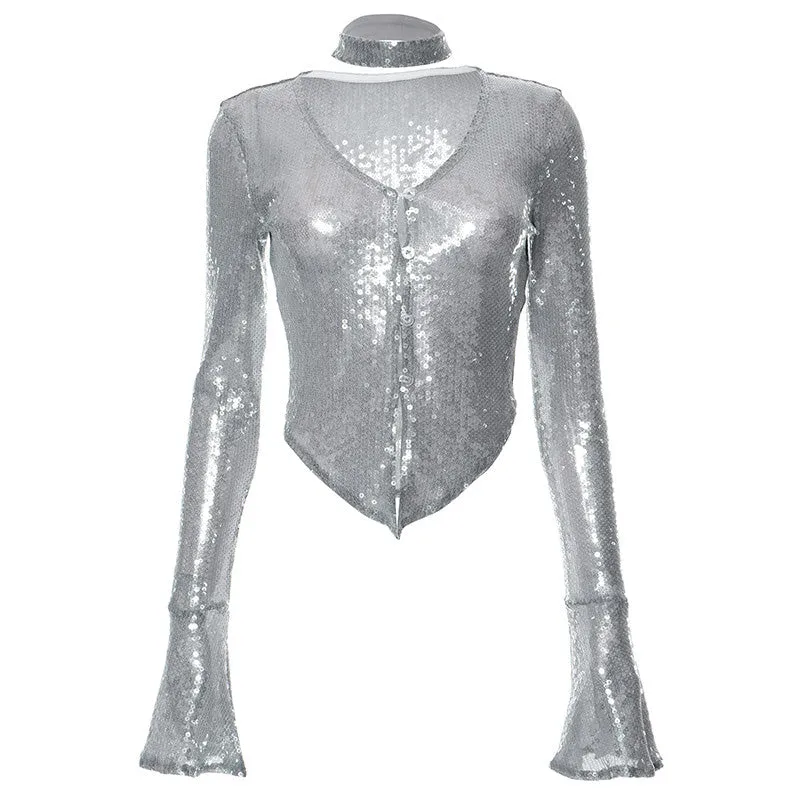 V-neck long-sleeved short sequin top