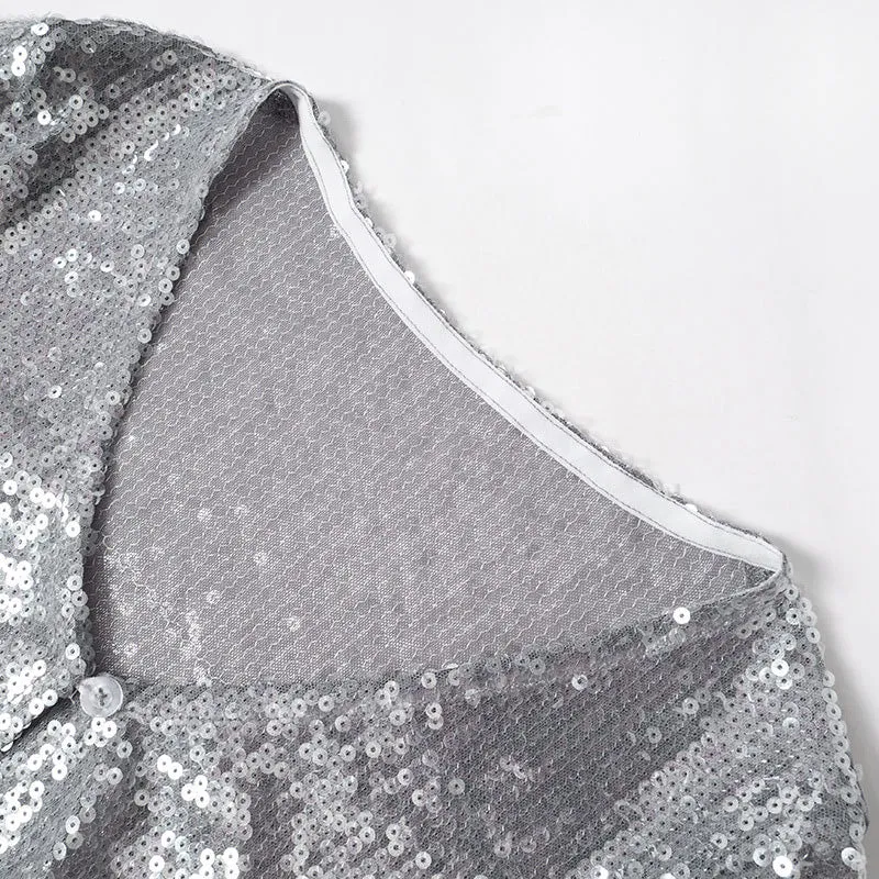 V-neck long-sleeved short sequin top