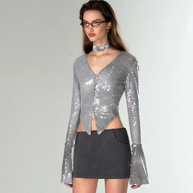 V-neck long-sleeved short sequin top