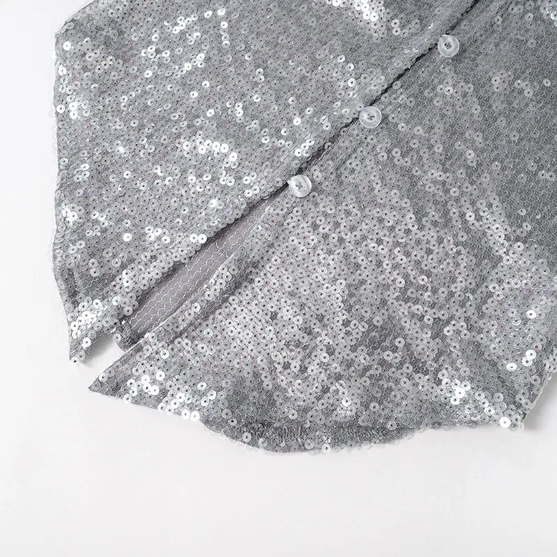 V-neck long-sleeved short sequin top