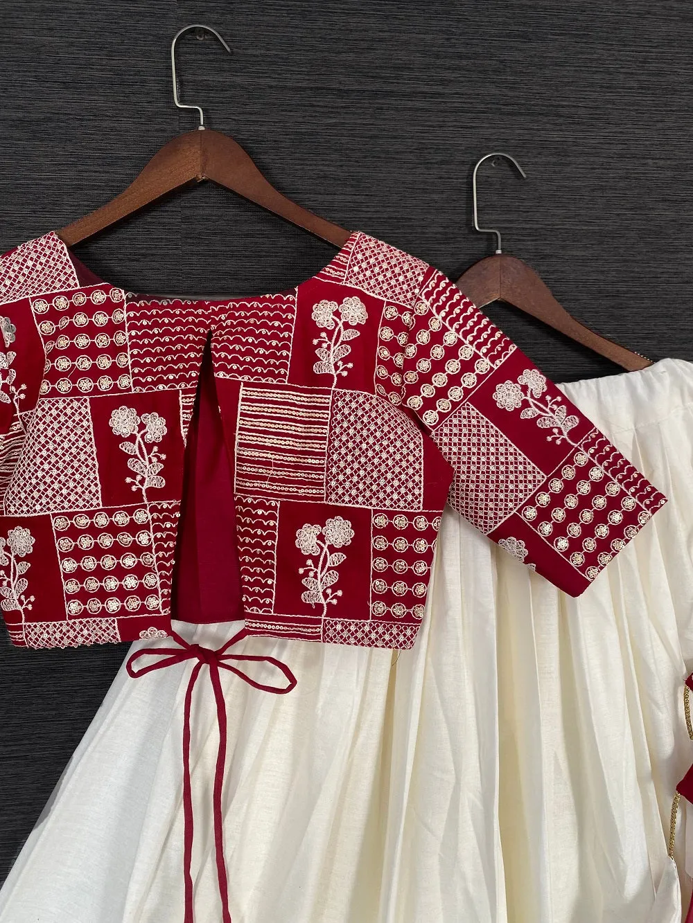 White Color Pure Cotton Two Piece Lehenga With Lucknowi Work Choli