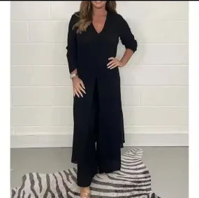 Women 's Casual 2 Pieces Outfit Set Long Sleeve V Neck Tops and Wide Leg Trousers Suits Elegant Going Out Outfits Fashion Comfortable Sportswear Loose Solid Color Oversized Women's Trouser Suit    B97956