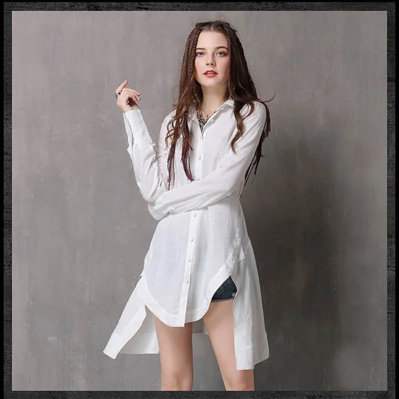 Women's irregular waist long-sleeved cotton and linen top