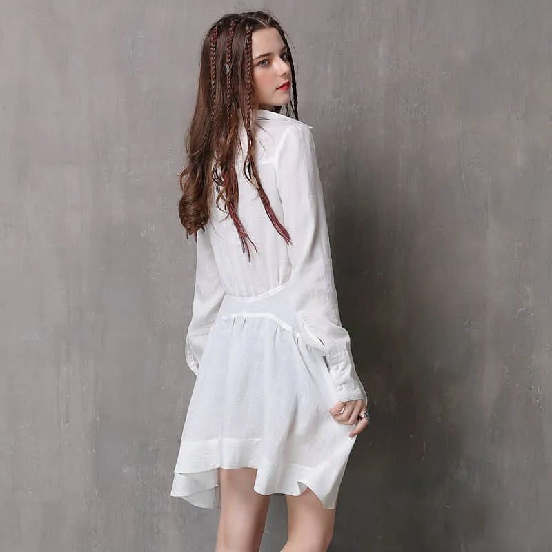 Women's irregular waist long-sleeved cotton and linen top