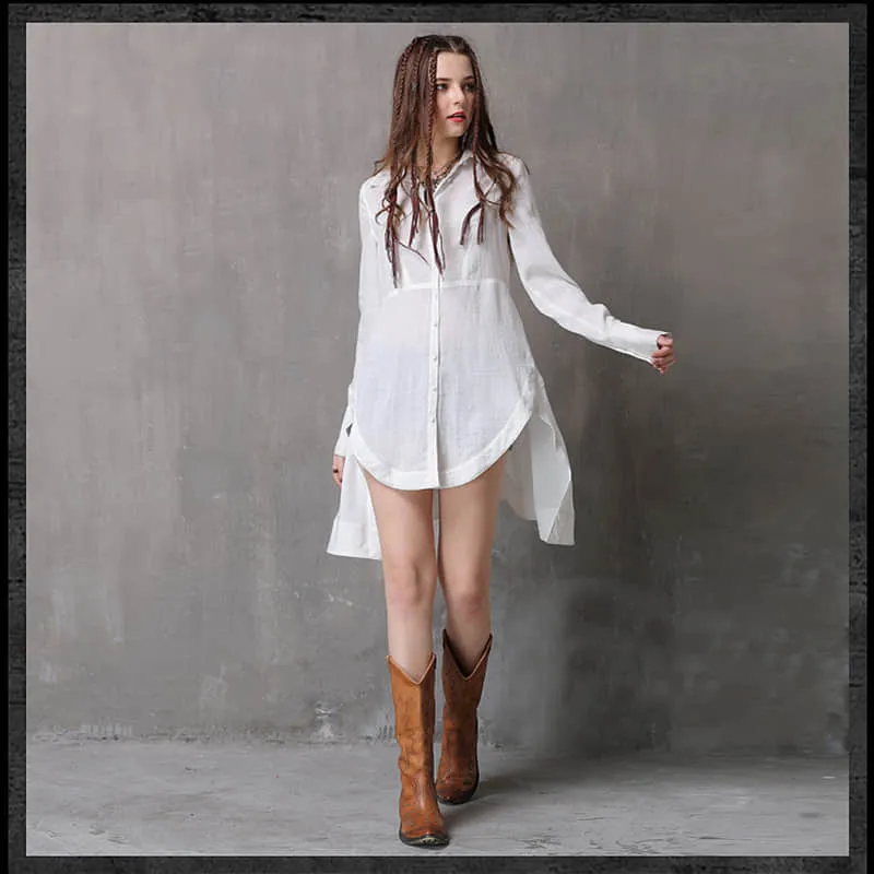 Women's irregular waist long-sleeved cotton and linen top