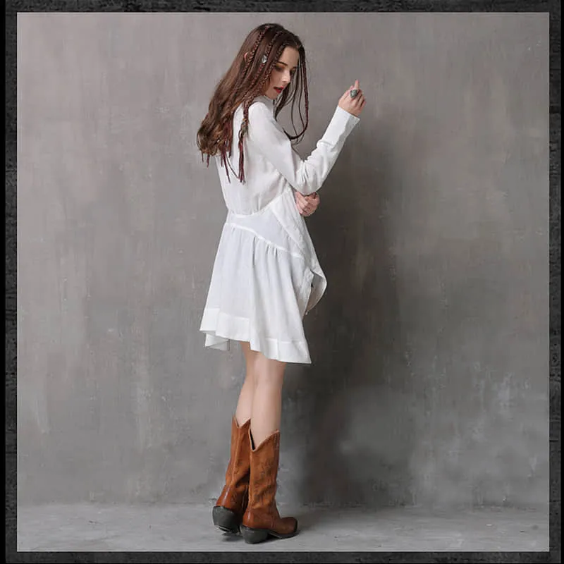 Women's irregular waist long-sleeved cotton and linen top