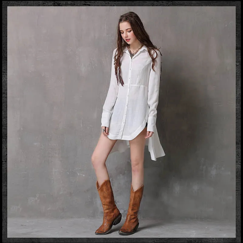Women's irregular waist long-sleeved cotton and linen top