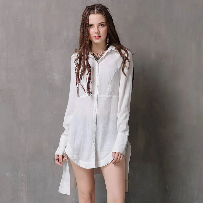 Women's irregular waist long-sleeved cotton and linen top