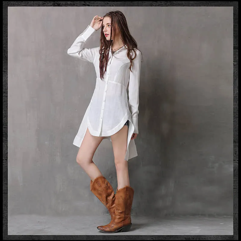 Women's irregular waist long-sleeved cotton and linen top